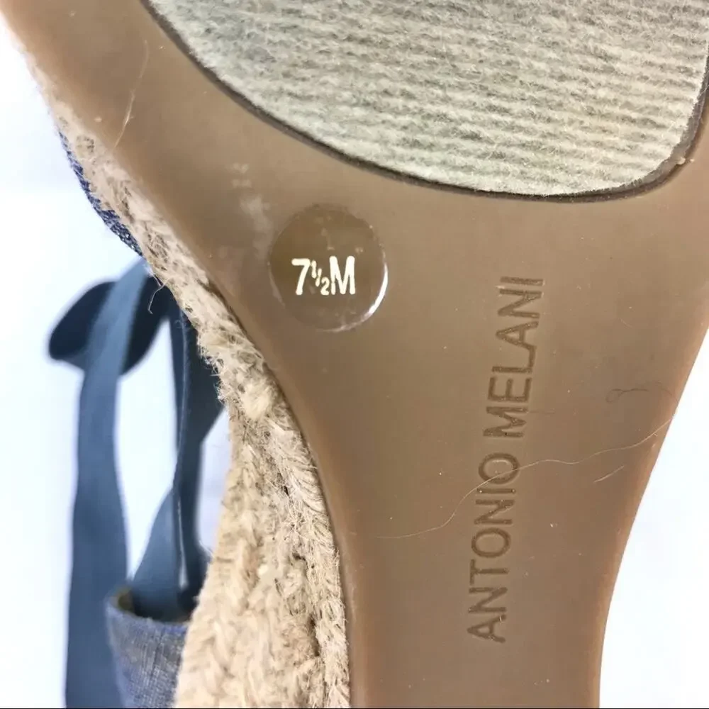 Antonio Melani-7 1/2-“Ariel” Blue Metallic Ankle Wrap Espadrille Wedge Sandals